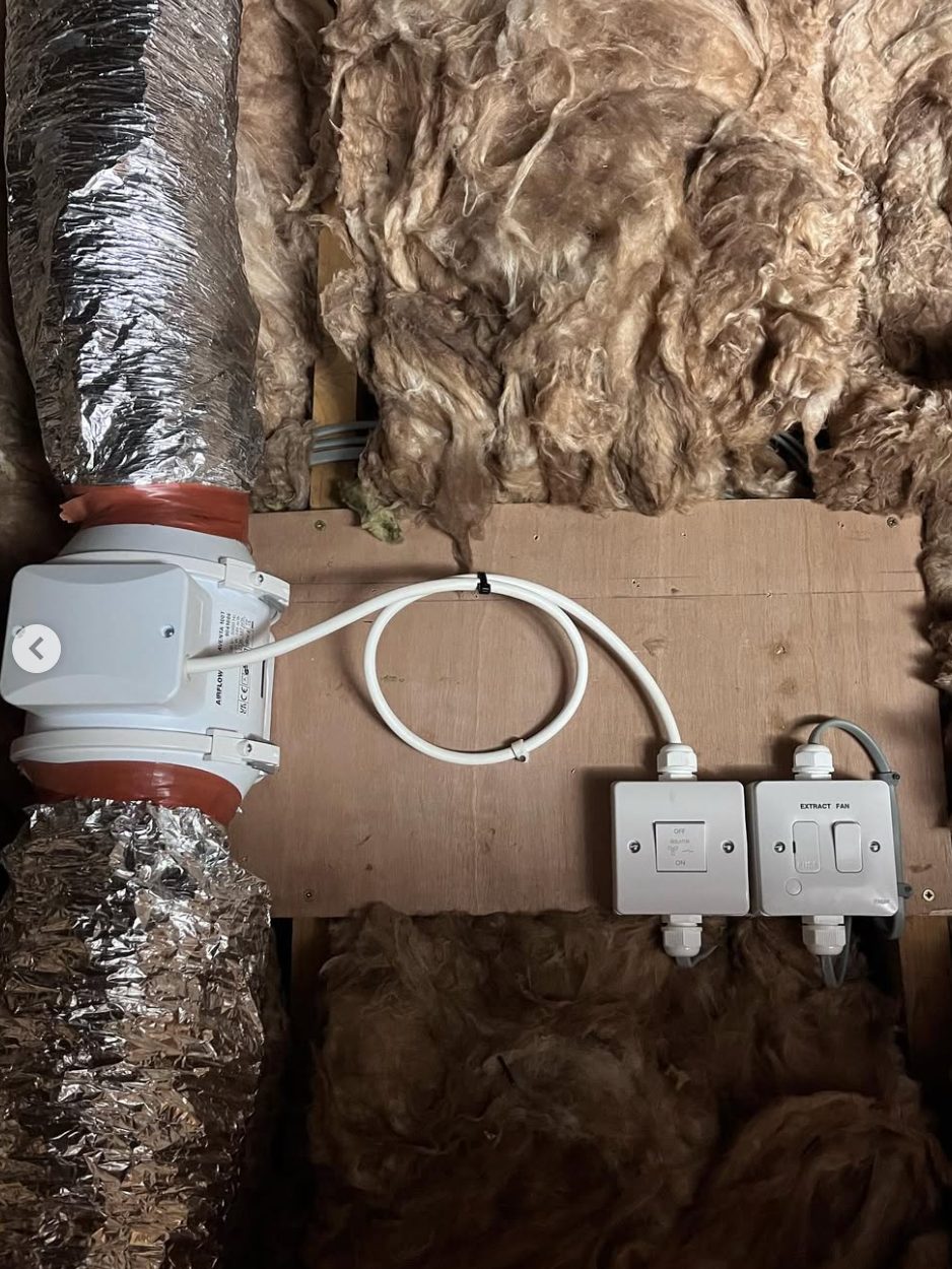 Extractor fan outlet and outdoor socket on an exterior wall